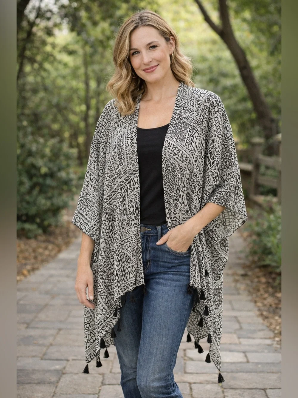 Black & White Geometric Fringe Wrap Scarf